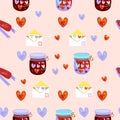 Seamless pattern with Valentine`s day symbols.Love jars with various hearts, tag card with ribbon, envelopes with romantic letters Royalty Free Stock Photo